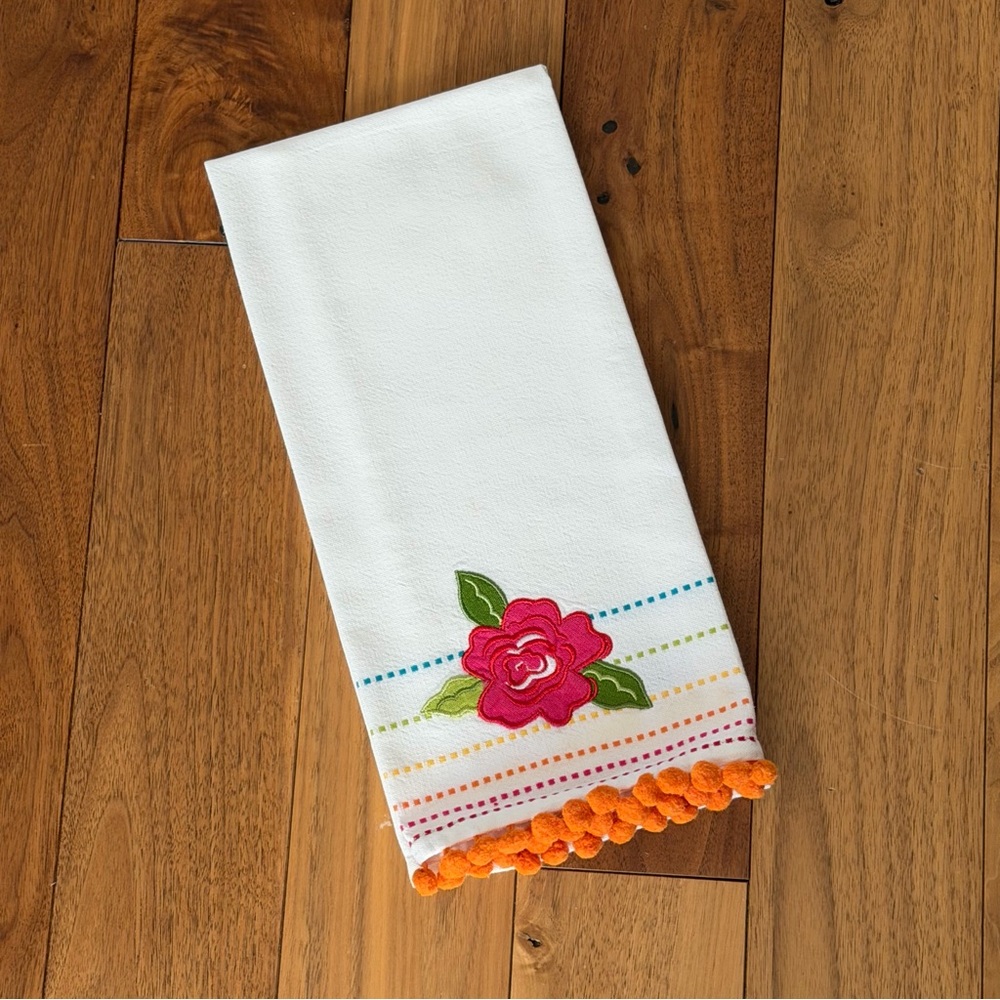 Vintage Cotton Tea Towel Floral Embroidery Pom Pom Trim Made in India